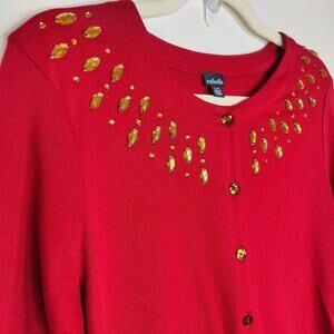 Rafaella Burgundy Beaded Cardigan Button Up Cotton Knit L Elegant Chic